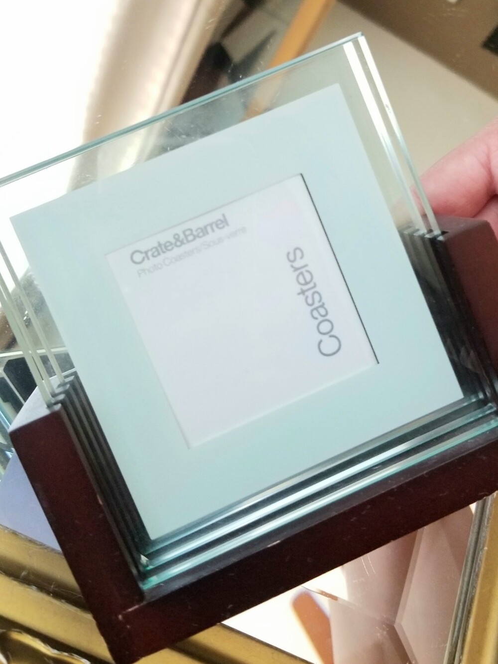 ❗Crate&Barrel Glass Picture Holder Coasters on Wooden Display❗